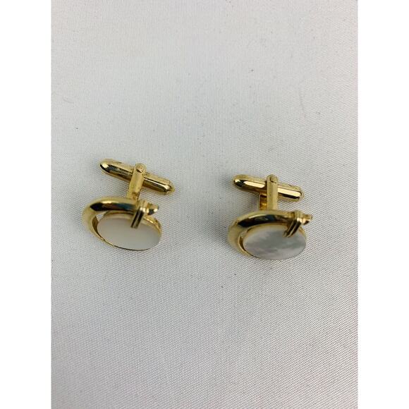 Vintage Signed Swank Cufflinks Goldtone and Mother of Pearl Bullet Back - Picture 5 of 10